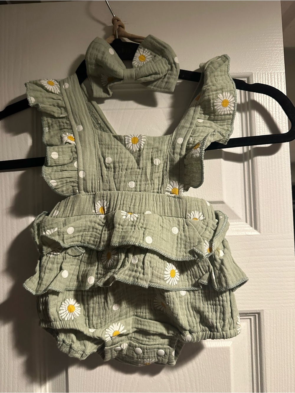 Light Sage Daisy Ruffle Baby Romper with Bow